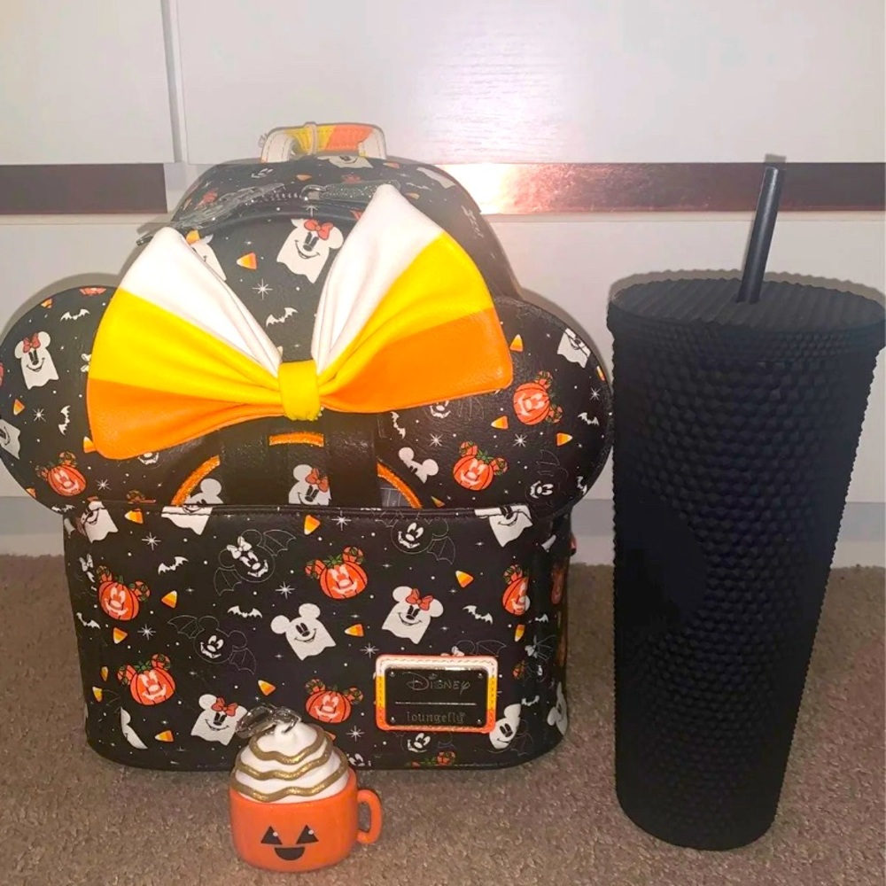 Candy Corn Loungefly Back Pack, Candy Corn Minnie Ears, Matte Black Tumbler